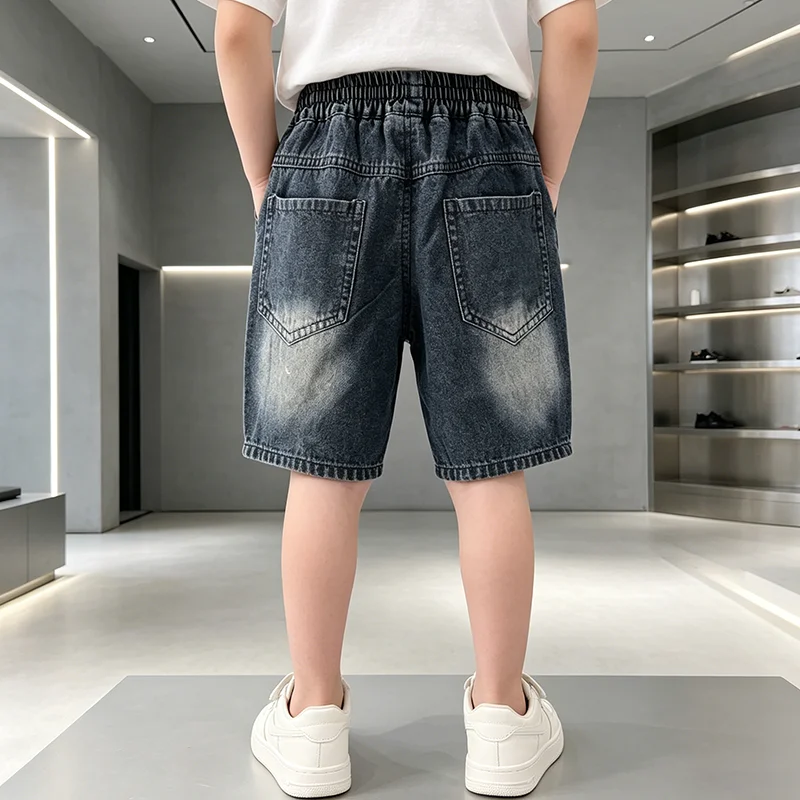 Classic Style Children Boy New Summer Blue Washed Ripped Denim Shorts Kids Stylish Destroyed Jeans Capris Knee Length Pants 2-11