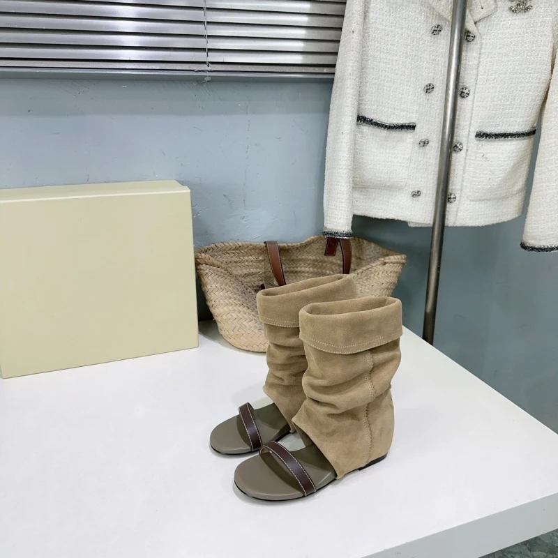 New European and American style leather round toe straight strap sandals with increased height and pleats inside, midsole boots,