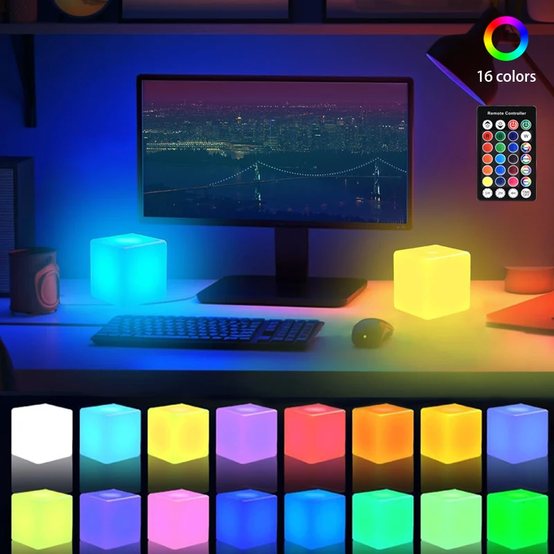 Creative LED Cube Night Light USB Rechargeable Square Interior Decoration Lamp RGB Desk Lamp with Remote control for Party