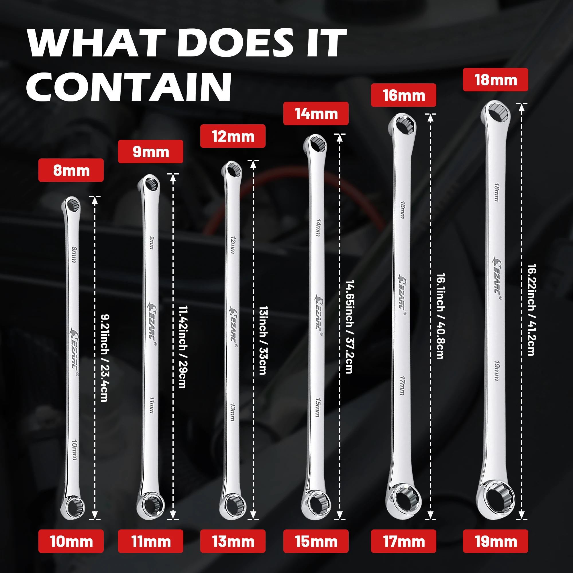 EZARC 6PCS Extra Long Box End Wrench Set CRV Metric 8mm - 19mm Combination Durable Aviation Spanner