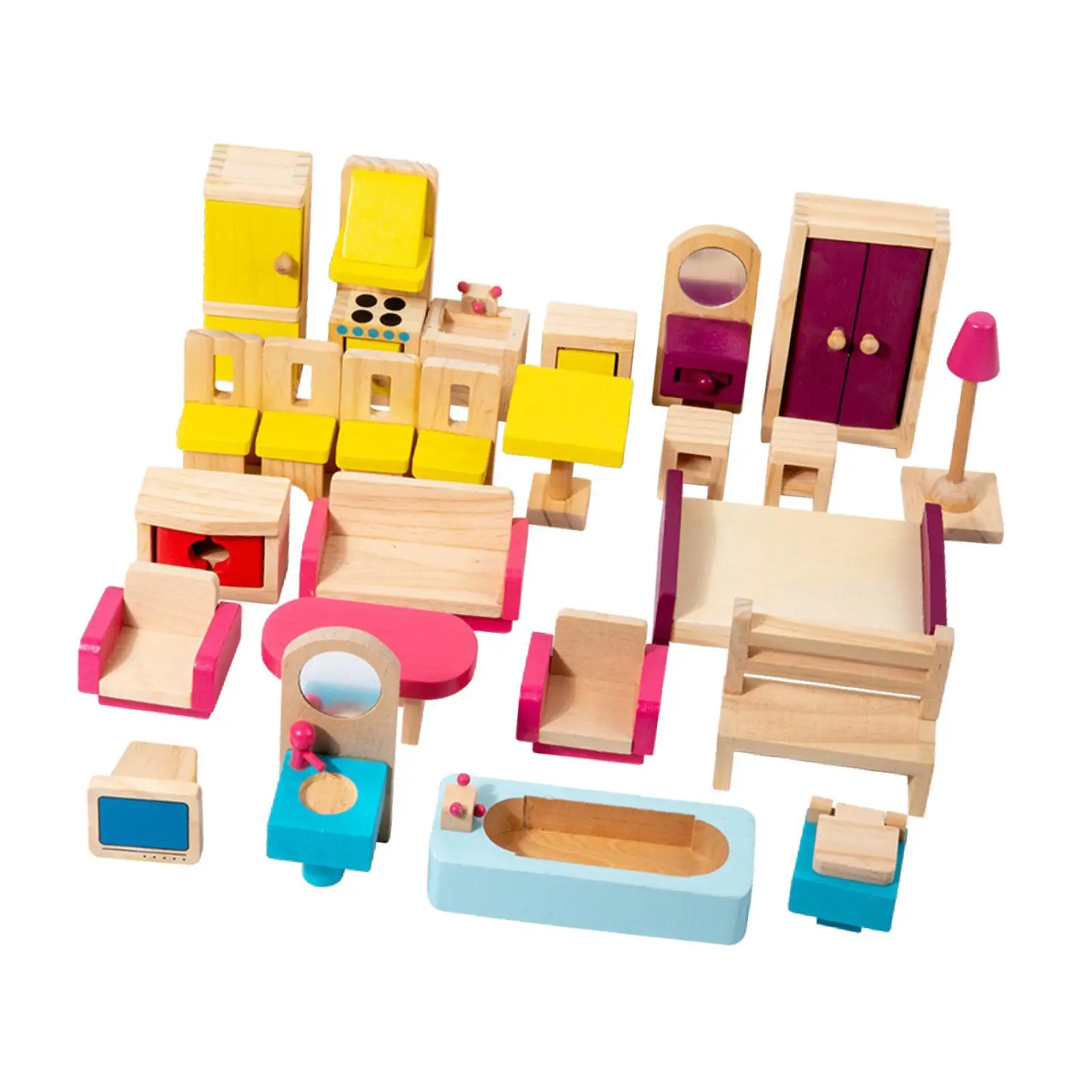 26 Pieces Wooden Dollhouse Miniature Furniture Set Role Play Games Kids Toy for Toddlers 3+ Kids Boys Girls Christmas Gift