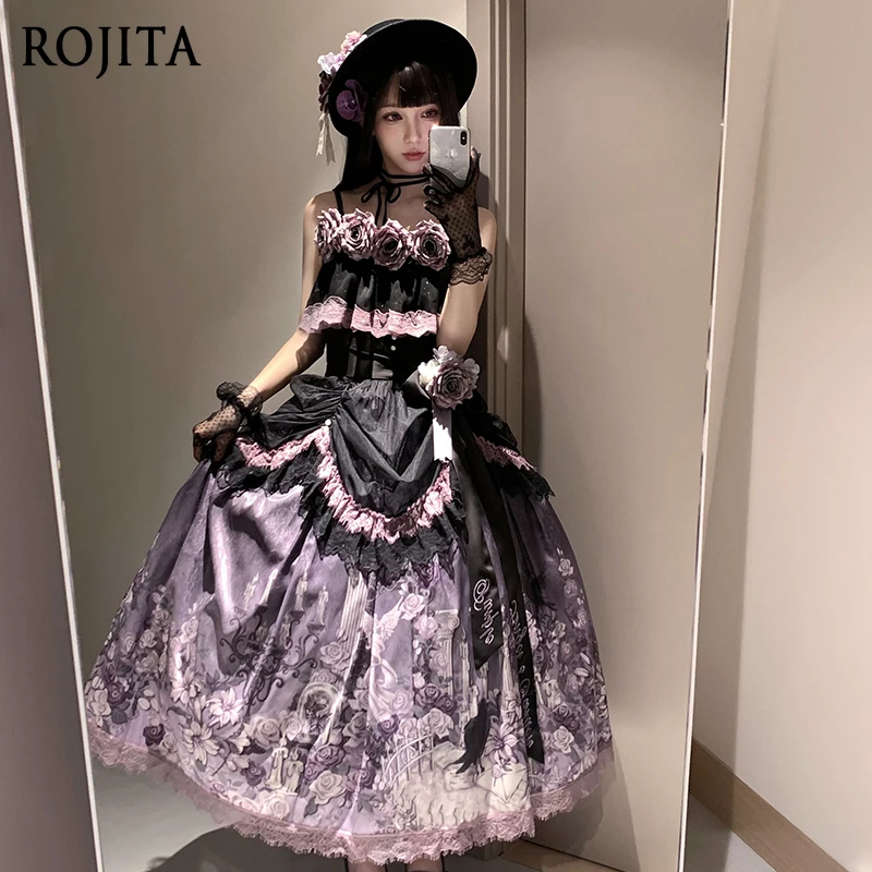 

Lolita Strap Top and High Waist Skirt Lolita Set Summer Elegant Purple Tank Top and Printed Long Skirt Two-piece Sets Women