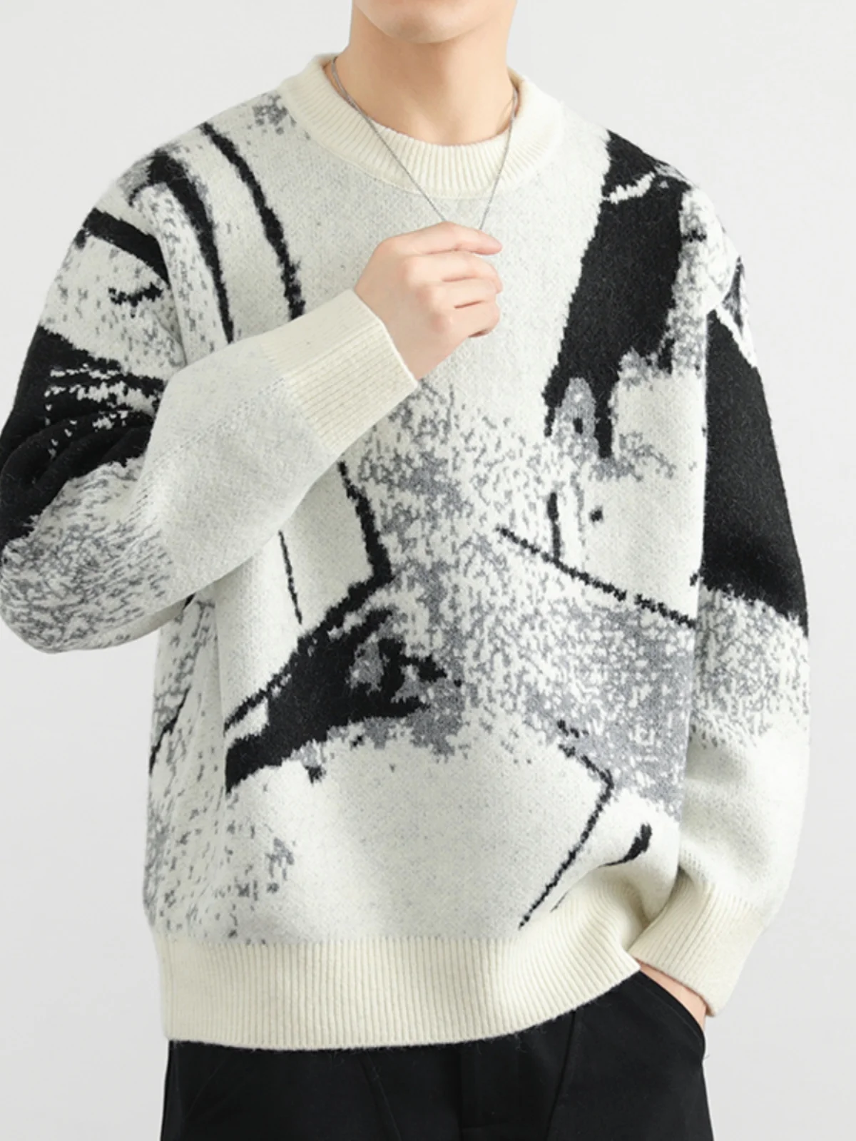 2025 Autumn Winter New Men's White Casual Pullover Sweater High-end Design Dark Gray Round Neck Long Sleeve Knitted Sweater