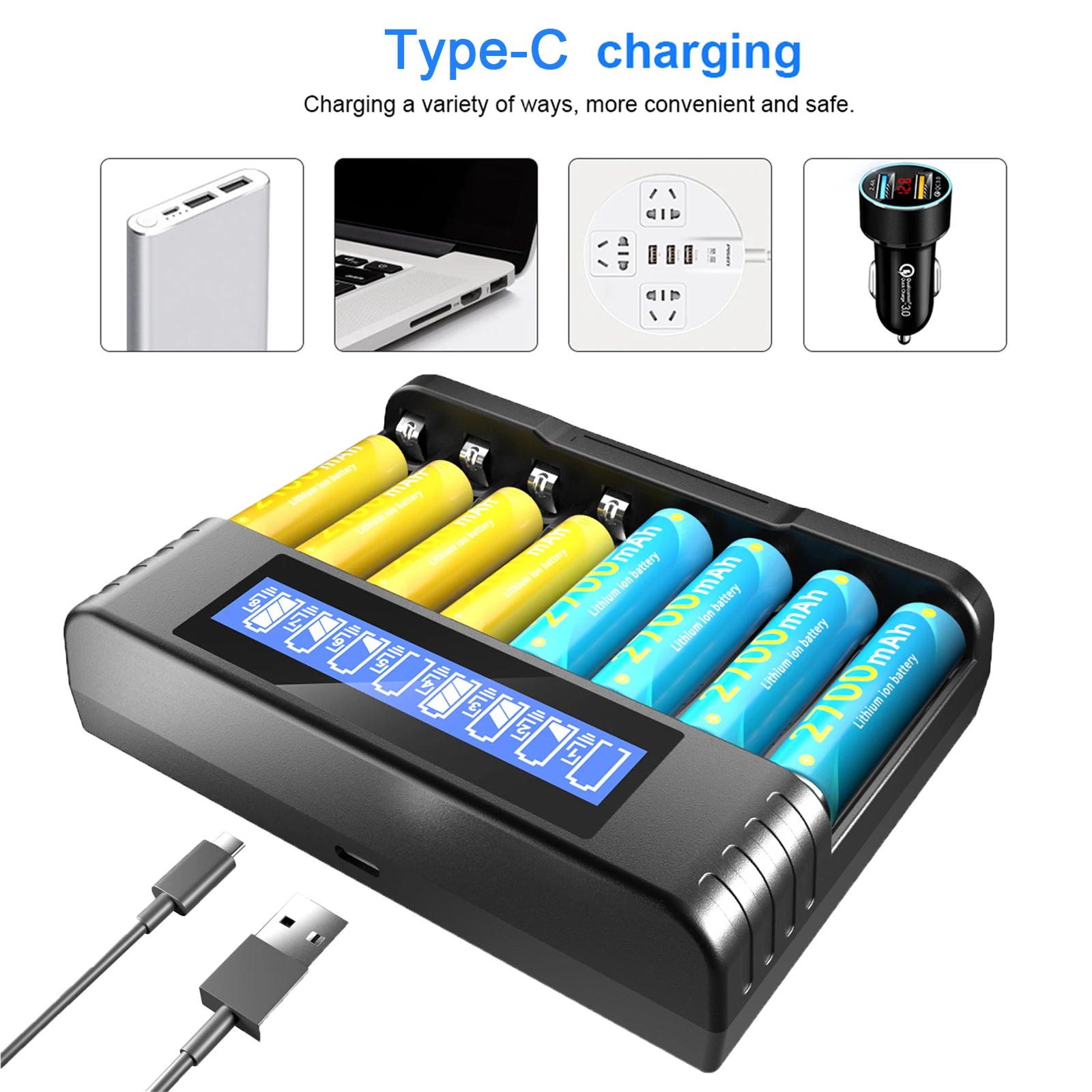 Intelligent Smart battery charger LED display, 8-slot lithium battery charger, for 1.5V 3.7V AA/AAA NiMH