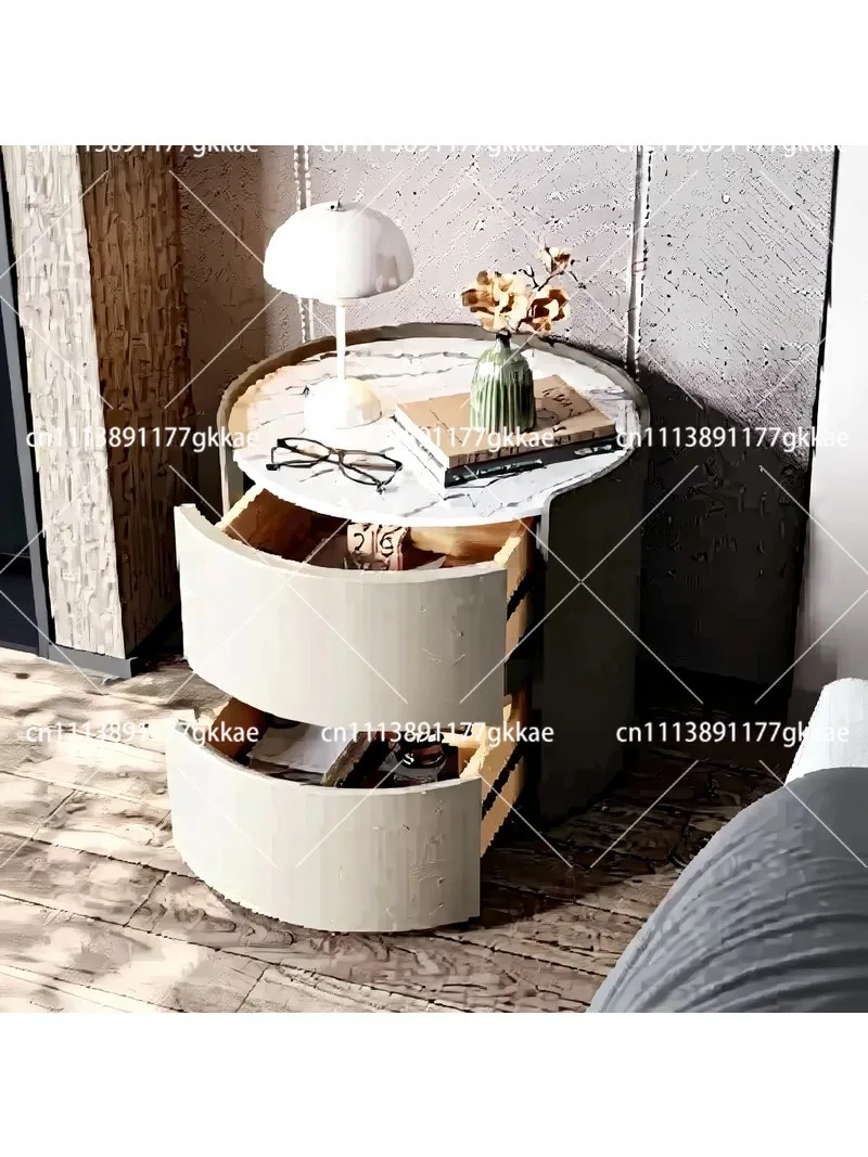 Solid Wood Round Double Layer Storage Bedside Table with Rock Board Top for Hotel, Homestay, Living Room Cabinet