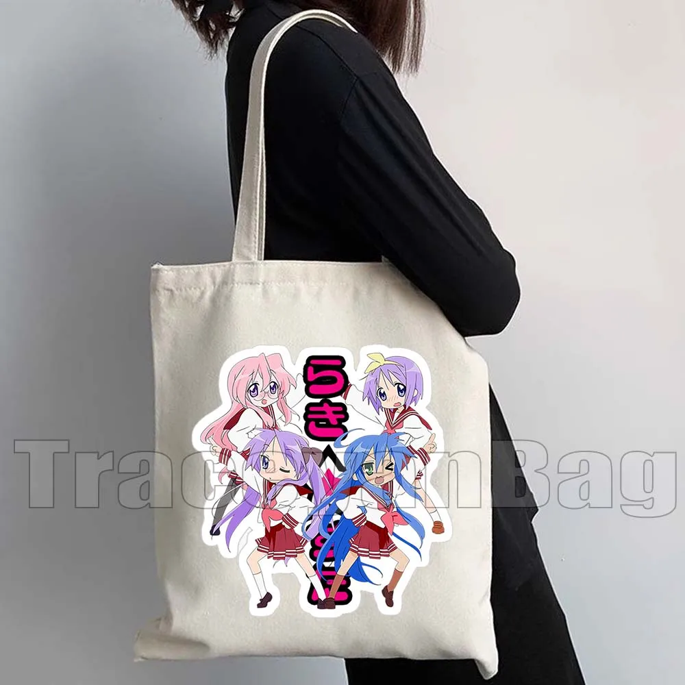 Cute Anime Lucky Star Japan Manga Pink Kawaii Girl Cartoon Gift Kagami Konata Tsukasa Canvas Shoulder Tote Bag Shopper Handbag