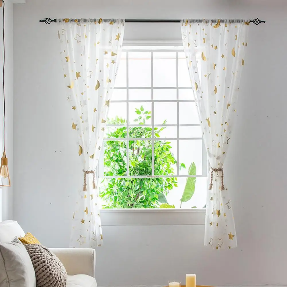 1 Panel Translucent Sheer Curtains Moon Star Printed Window Drape Curtain For Home Living Room Bedroom Decoration 1x2m/1x1.3m