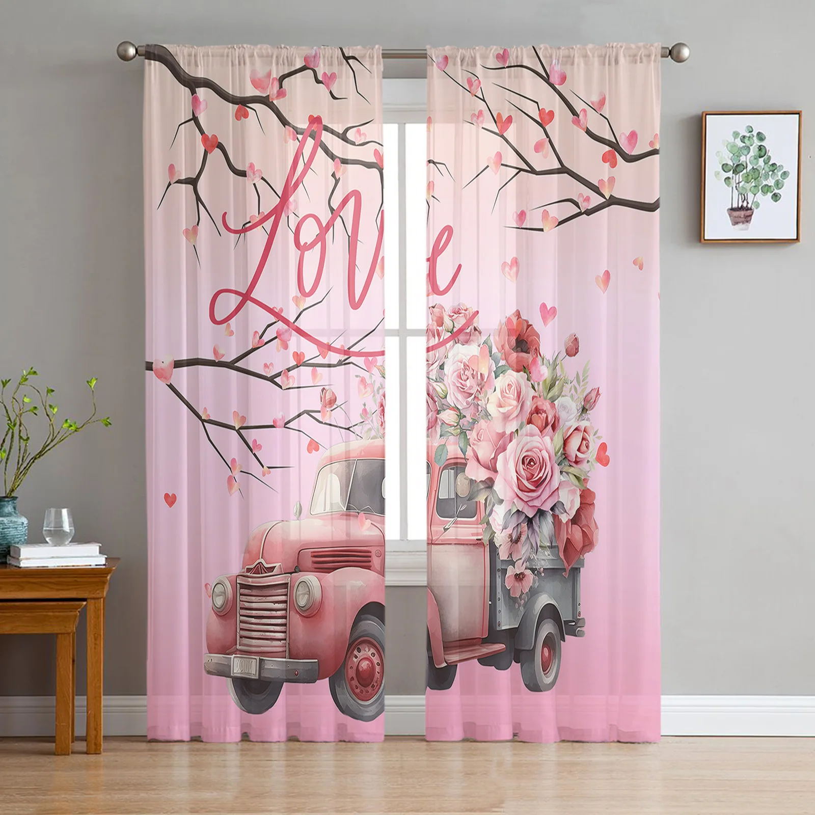 

Valentine'S Day Love Truck Rose Branch Sheer Curtains for Living Room Bedroom Tulle Curtain Kitchen Home Decor Window Drapes