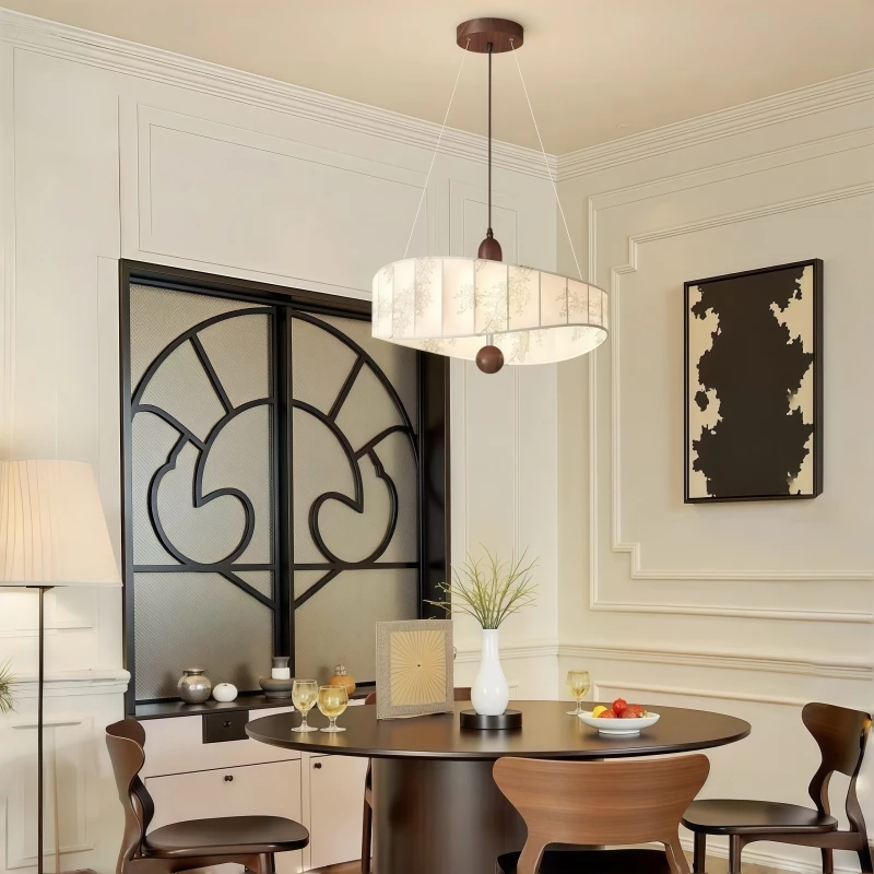 Minimalist Floral Fabric Pendant Light Wood Accent Hanging Lamp E27 LED Pendant Lamp for Dining Room Bedroom Living Room