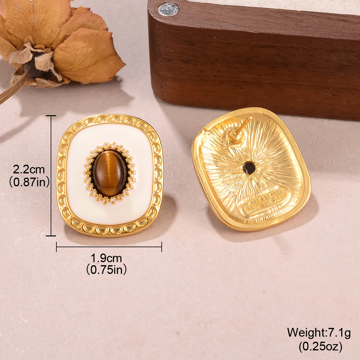 أقراط عين النمر المطلية بالذهب عيار 18 قيراط للنساء - مجوهرات مربعة أنيقة من المينا البيضاء والحجر الطبيعي #2