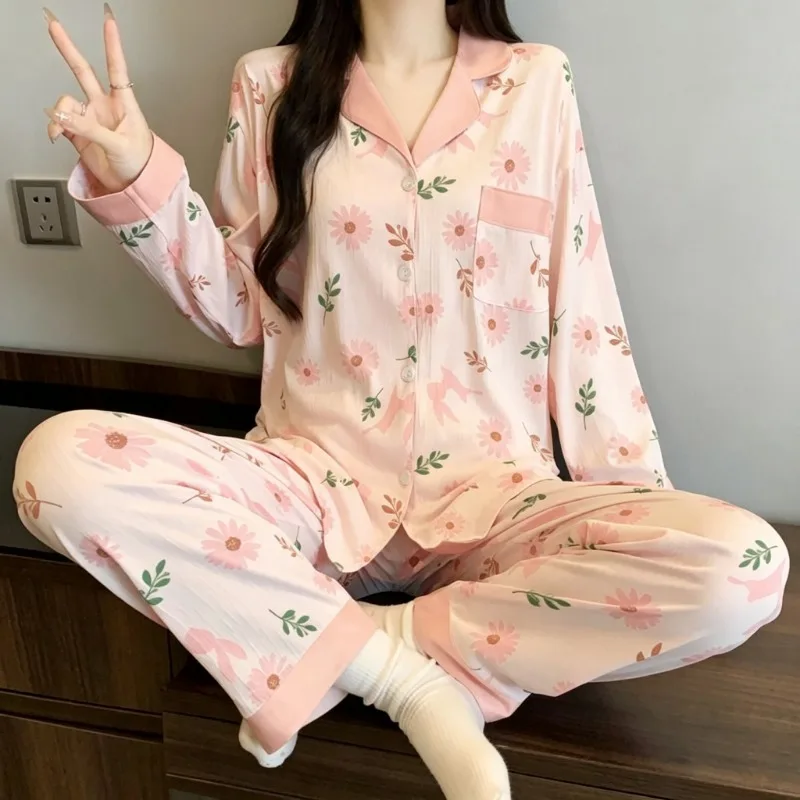Women Autumn Sweet Ditsy Daisy Floral Print 2‑Pieces Home Outfit Long Sleeve Lapel Button‑Down Soft Comfy Women Sleep Loungewear