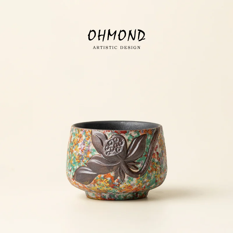 OHMOND Vintage Ceramic Tea Cup Rock Painting Single Cup Owner Cup Home Use Personal Tea Bowl Gift Box Set Chinese Style
