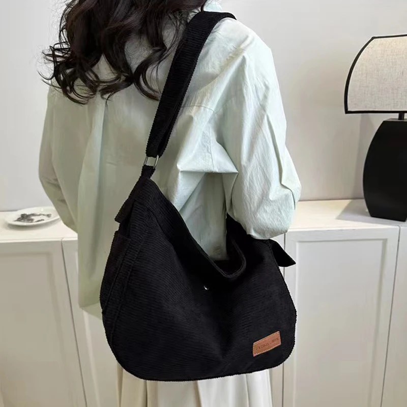 Fashion New Corduroy Tote Bag Women\'s Large Capacity Student Classroom Bag White Simple and Versatile One Shoulder Crossbody Bag