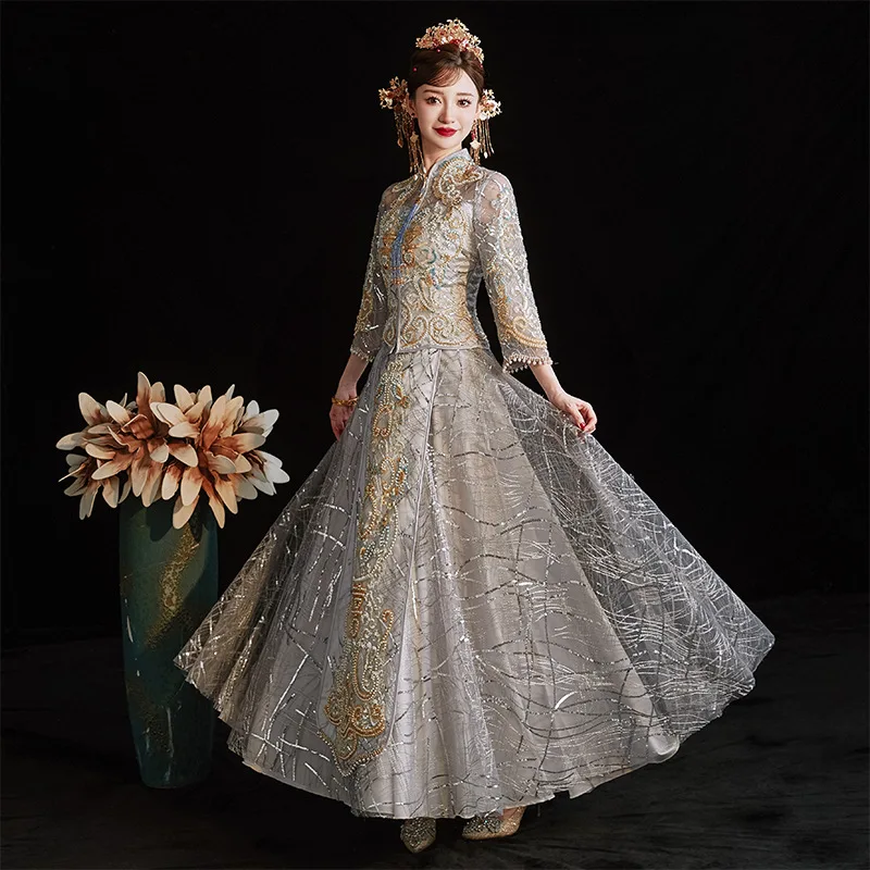 

2022 Refined Phoenix Embroidery Cheongsam Chinese Style Bride Wedding Dress Elegant Marriage Toast Clothing Evening Gown