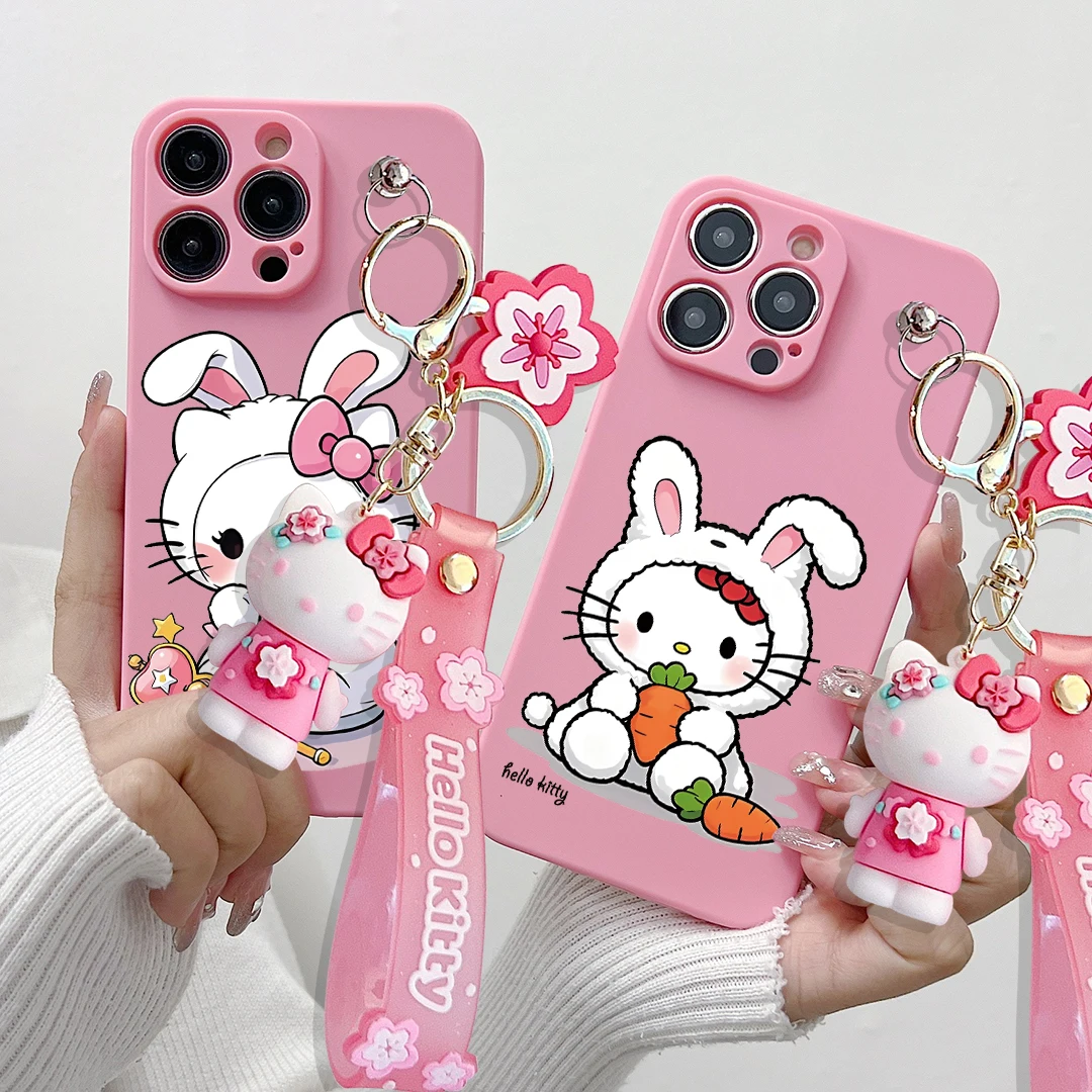 For Vivo Y15s Y17s Y15A Y76 Y35 Y22 Y16 Y02s Y78 Y27 V25 V25Pro V27 Y28 Y38 V30E Hello Kitty Rabbit Case With Keychain