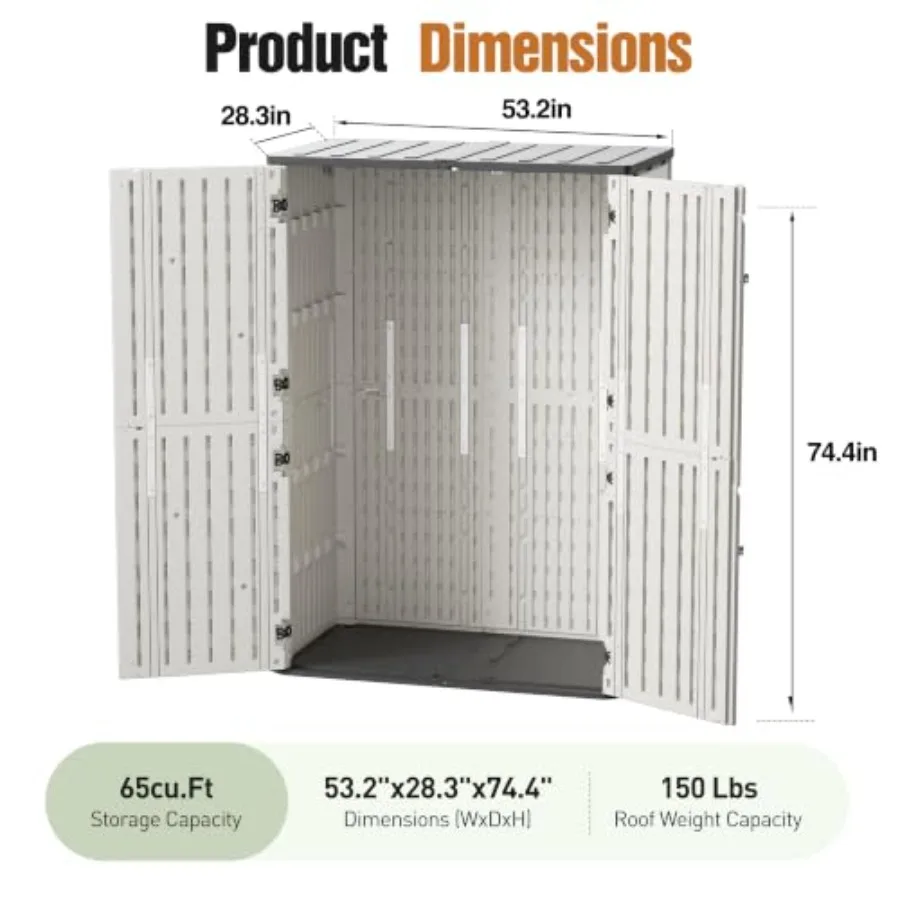 Resin Outdoor Storage Shed with Floor, Weatherproof Plastic Vertical Outdoor Storage Cabinet for Garden Backyard Patio Pool Too