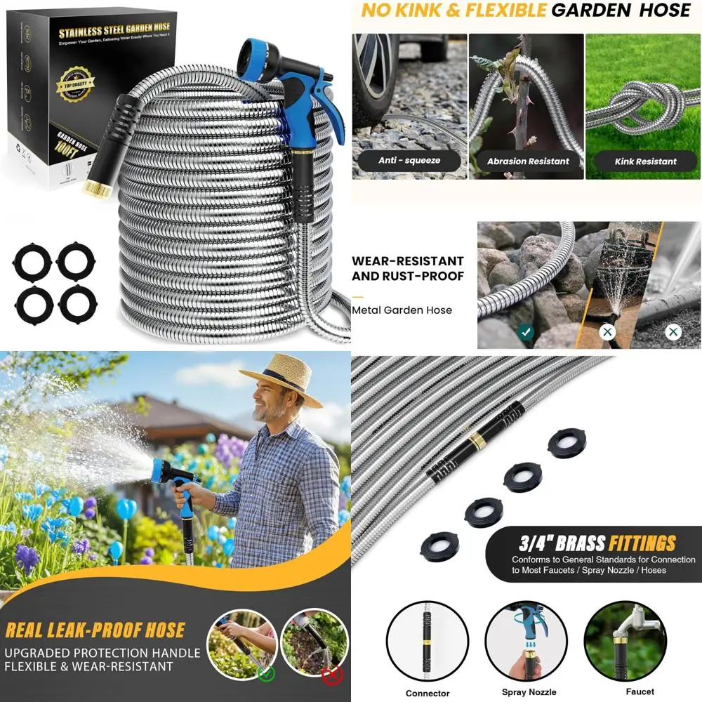 

Гибкий металлический садовый шланг длиной 100 футов с 10-функциональным соплом — сверхпрочный водяной шланг из нержавеющей стали для прочного использования на открытом воздухе