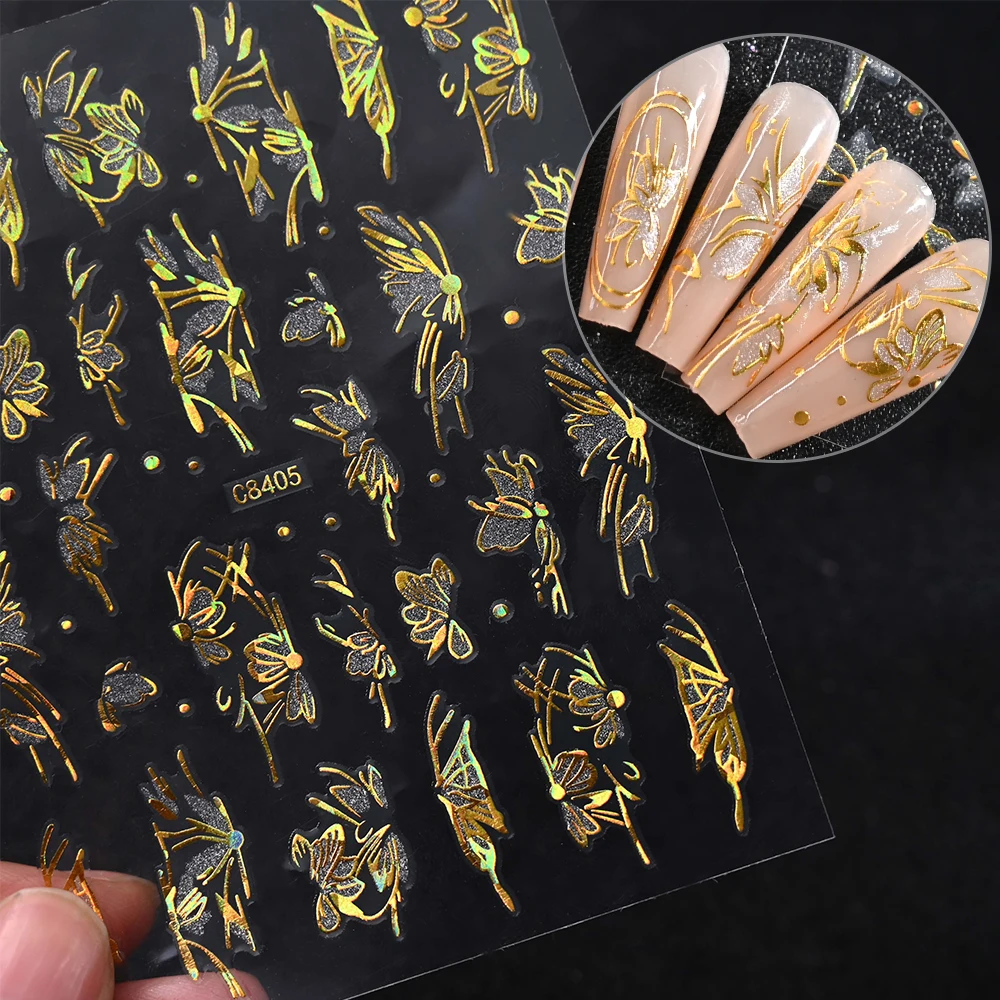 6 pçs/set 3d borboleta/flor/fita unhas adesivo rosa/ouro/prata oco flor arco auto-adesivo slider floral manicure decalque