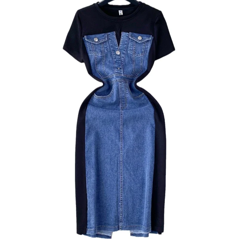 Pop-Stil, elegant, kurzärmelig, schmal, Denim, Patchwork, A-Linie, lässiges T-Shirt-Kleid, Sommer 2022, Geburtstagsparty-Kleid
