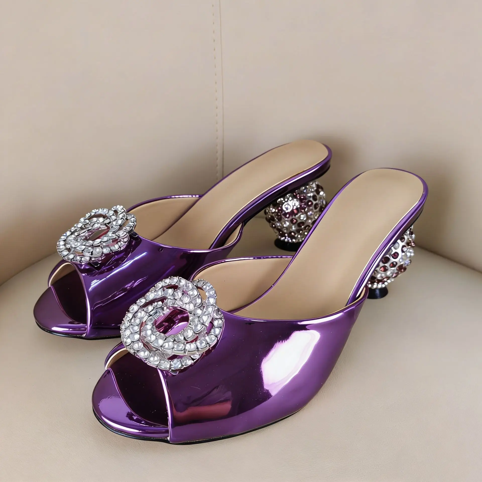 

Women's Bling Crystal Mules Slippers Peep Toe Patent Leather Rhinestone Ball Heel Summer Bohemian High Heel Modern Slippers