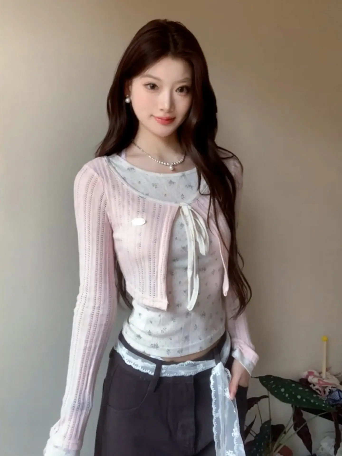 Korean Style Floral Print Long Sleeve Women's Jacket Cardigan Two-Piece Set Sweet Girl Atmosphere Top Commute Fashion Knitted