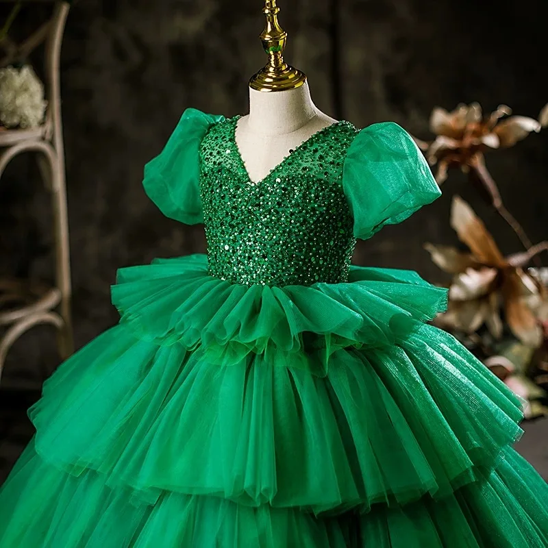Children's Dress Girl Model Catwalk Princess Dress Green High-end Little Girl Host Piano Competition Performance Dress