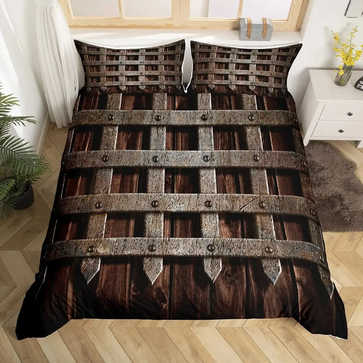 

Metal Gate Duvet Cover Set Medieval Castle Wall Bedding Sets Wooden Door Comforter Cover Retro Cage Bedspreads Cover King Size