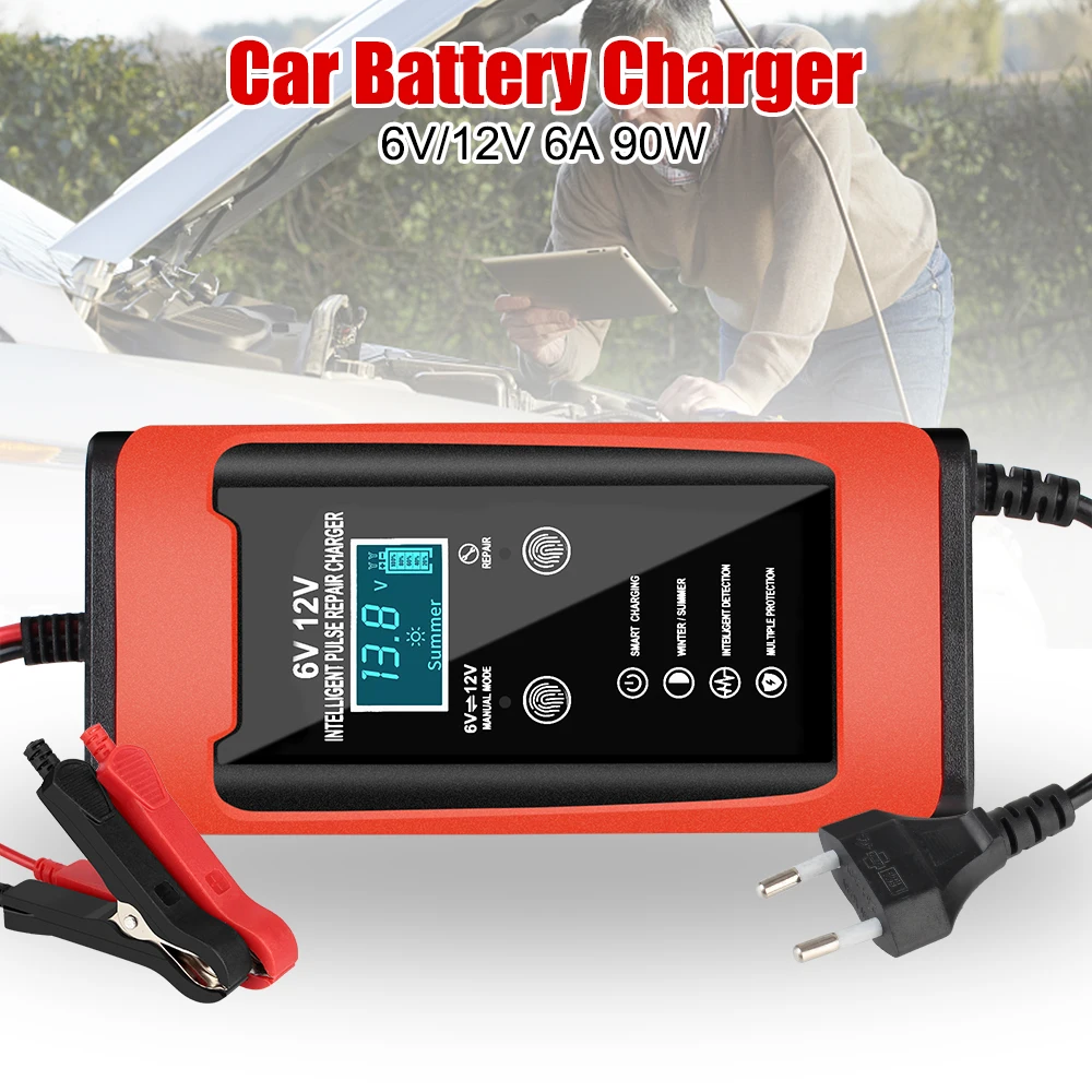 Auto Motorcycle Car Battery Charger 6V 12V 6A Output Smart Fast Charge Pulse Repair LCD Display For GEL Lead-Acid Batteries