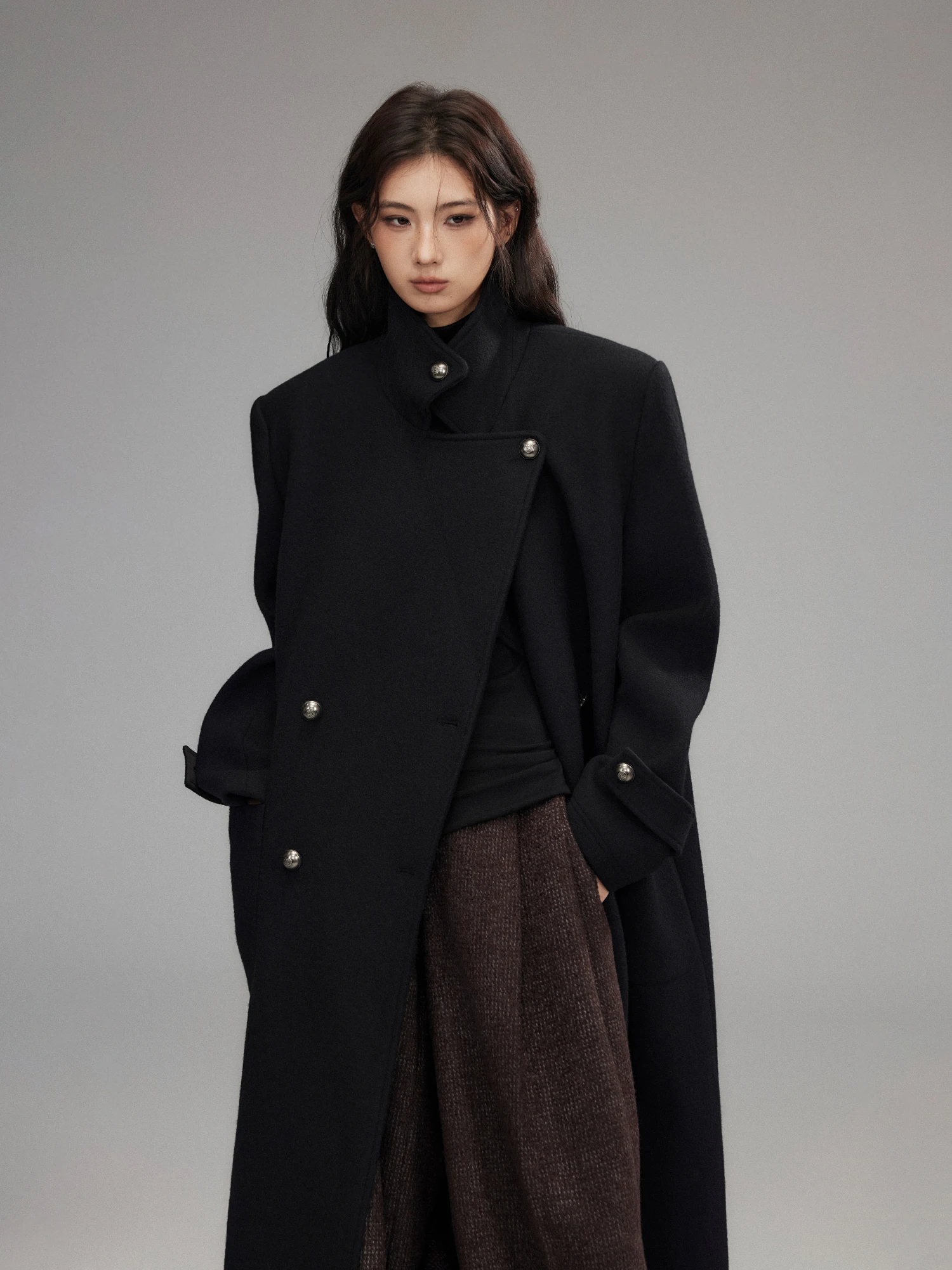 Low Pixel 50 Woolen Tweed Coat Black Wide Shoulder Notch Lapel Thick Long Outerwear Street Style Loose Fit Double Breasted