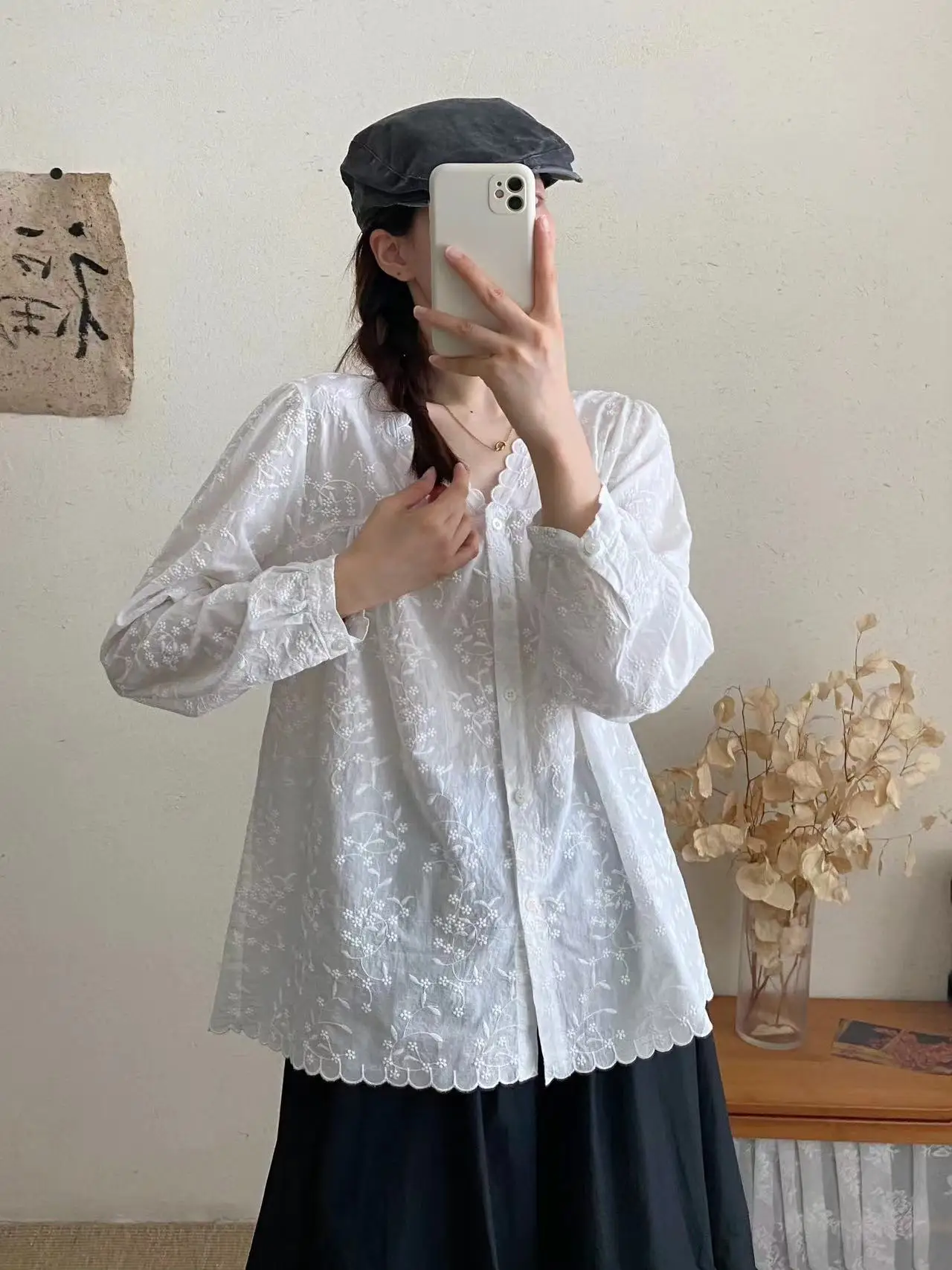 New 2025 Autumn Long Sleeve Cotton Shirt, Women V Neck Floral Embroidery, Mori Girl Retro Temperament Chic Loose Blouse T59878CC