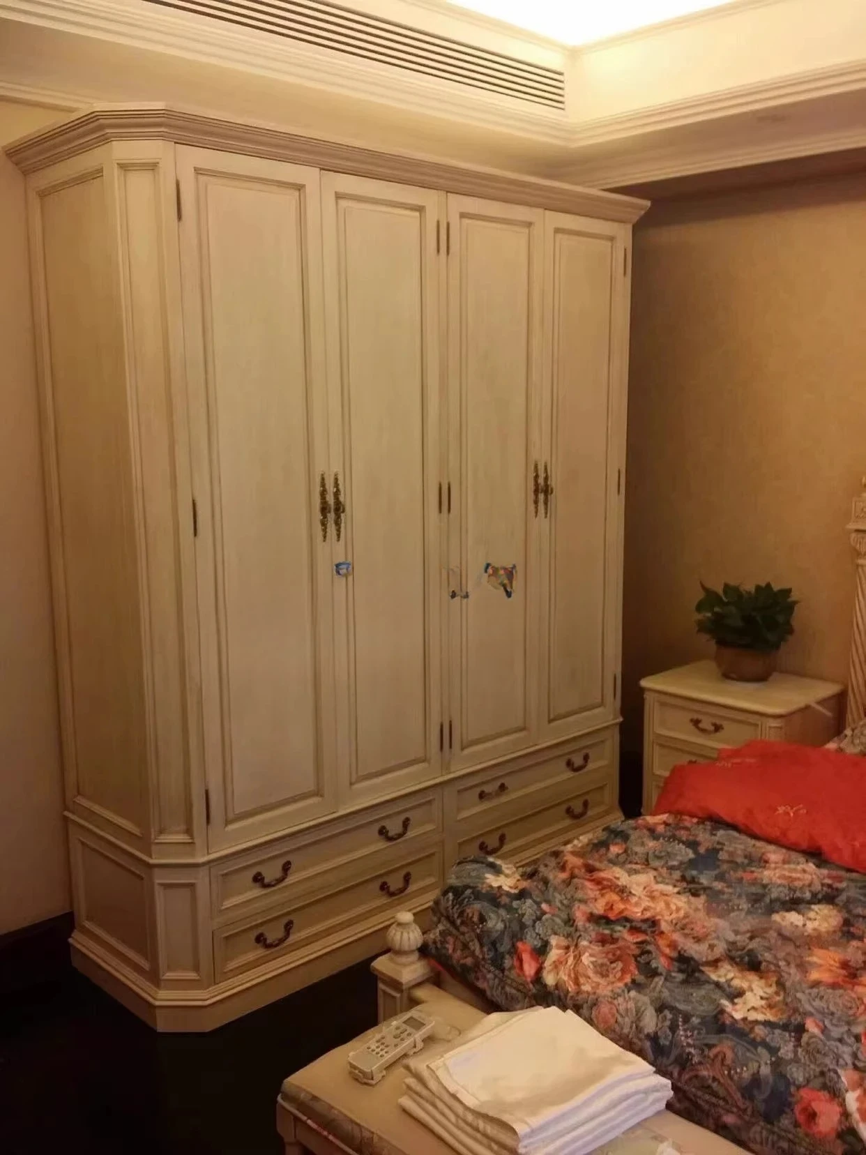 country old two-door wardrobe solid wood carving flower antique white double-door bedroom wardrobe