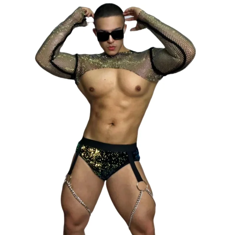 

Sexy Pole Dance Costume Male Nightclub Party Gogo Rave Outfit Sparkly See-Through Tops Sequins Shorts Performance Stage Wear