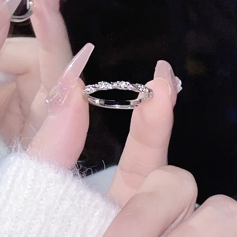 Shiny Delicate 925 Sterling Silver Opening Adjustable Inlaid Zircon Twisted Ring for Woman Korean Jewelry Accessories Colorfast