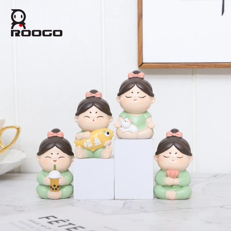 ROOGO Kawaii Girl Figurines Resin Cartoon Anime Ornaments Home Office Desktop Decor Car Interior Lovely Girl Birthday Gifts