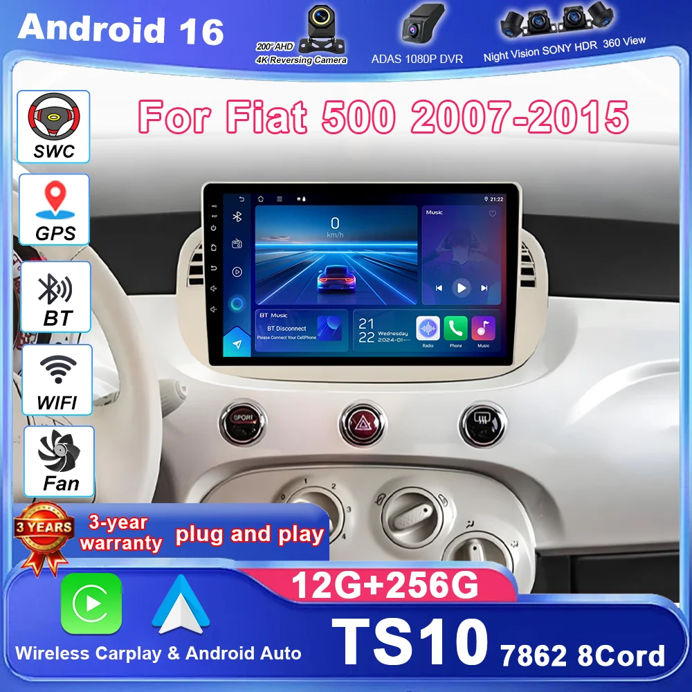 Car DVD Android 16 Radio Stereo For Fiat 500 2007-2015 Auto Multimedia Player GPS Navigation Head Unit High-Performance CPU WIFI