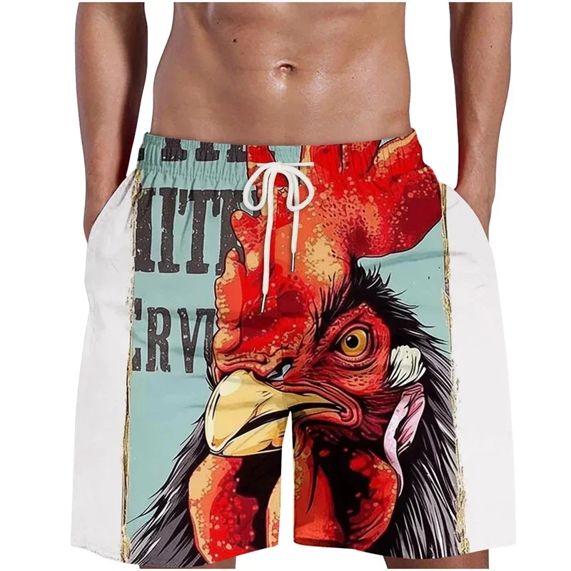Calças de praia masculinas com cabeças de frango estampadas, calças de animais com estampa de frango 3D e trajes de banho casuais para havaianos