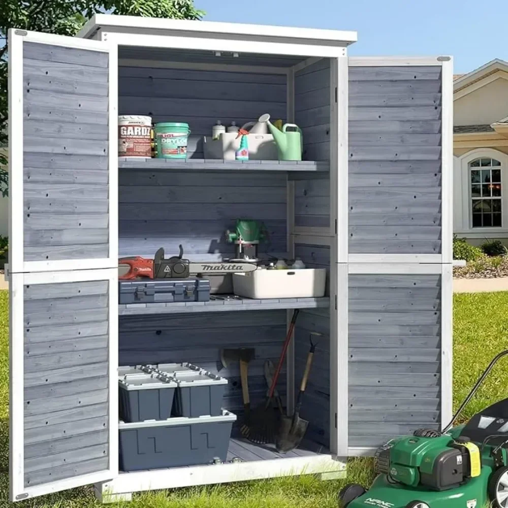 

Outdoor Storage Cabinet with 3 Shelves, Double Lockable Wooden Garden Shed with Waterproof Roof, Outside Tool Shed