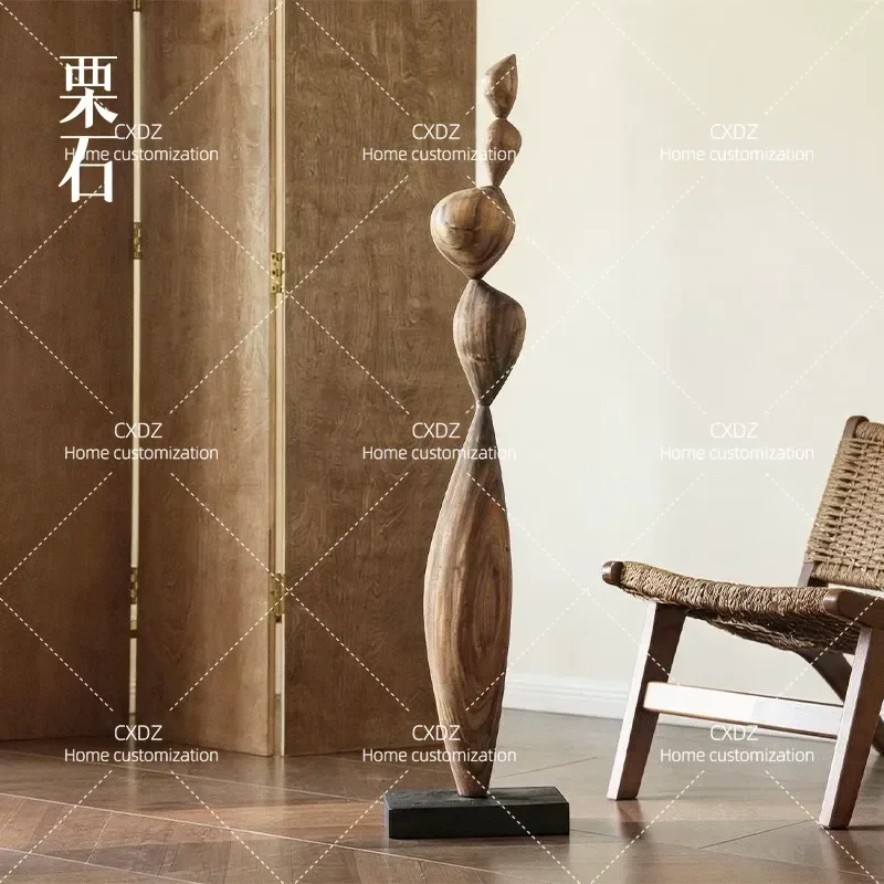 Solid Wood Sculpture Medieval Wabi Sabi Style Floor Ornament for Homestay Entrance Decoration Artistic Statue