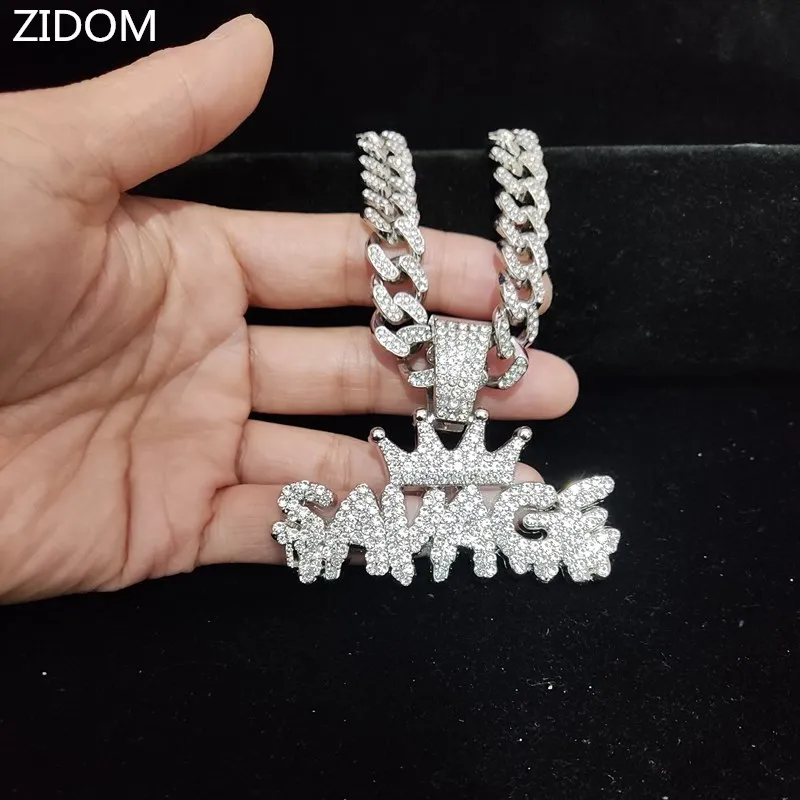 Men Women Hip Hop Crown with SAVAGE Pendant Necklace Crystal Cuban Chain Iced Out Bling Hiphop Necklaces Fashion Jewelry