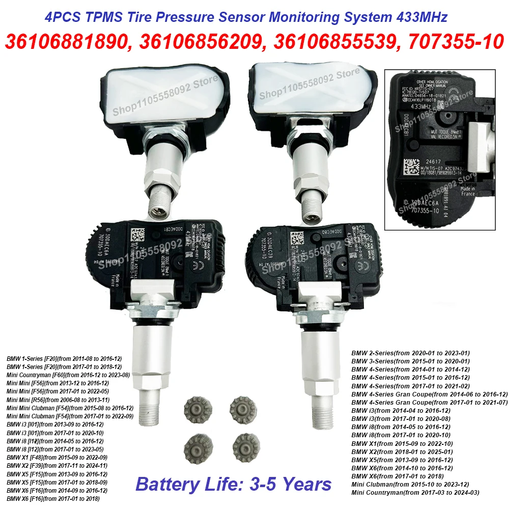4PCS TPMS Sensor 6881890 6855539 36106881890 36106856209 36106855539 For BMW 1 2 3 4-Series I3 I8 X1 X2 X5 X6 Mini Clubman