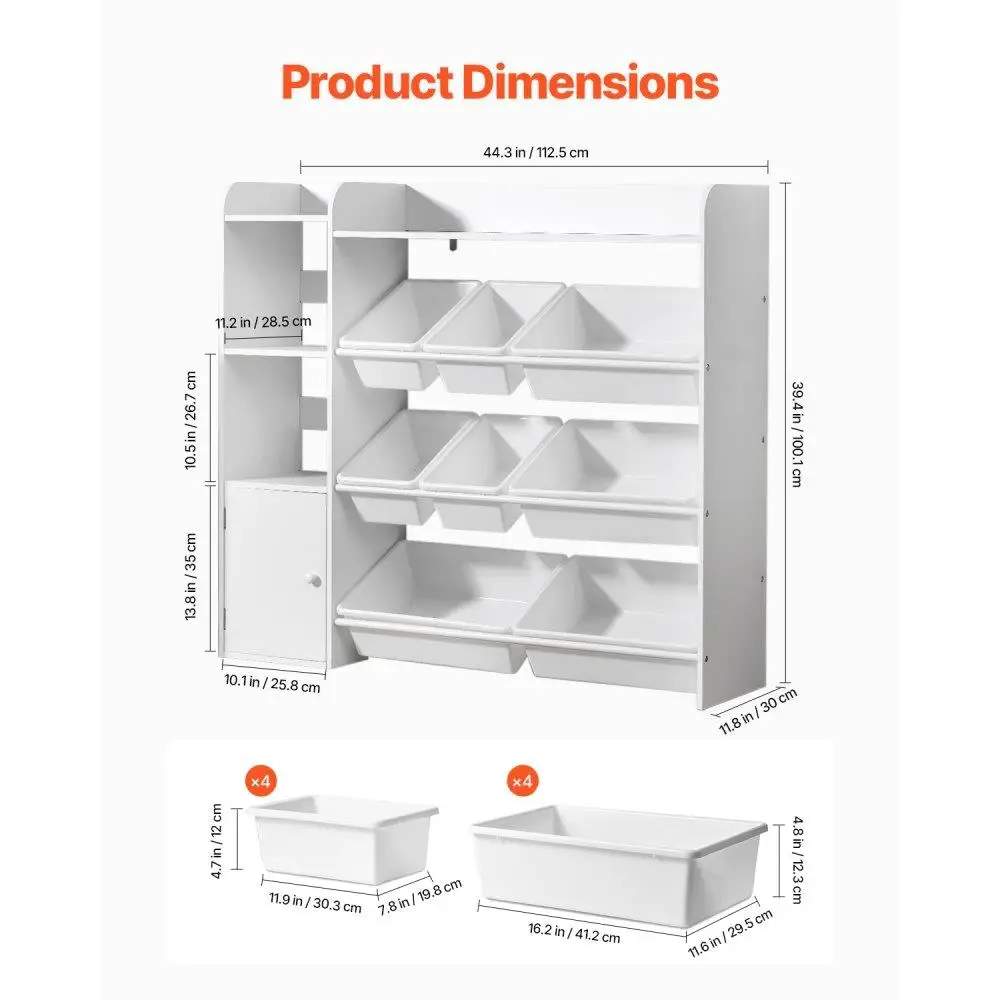 Kids Toy Storage Organizer with 4 Tier Bookshelf and 8 Plastic Bins for Playroom Bedroom Nursery Classroom White