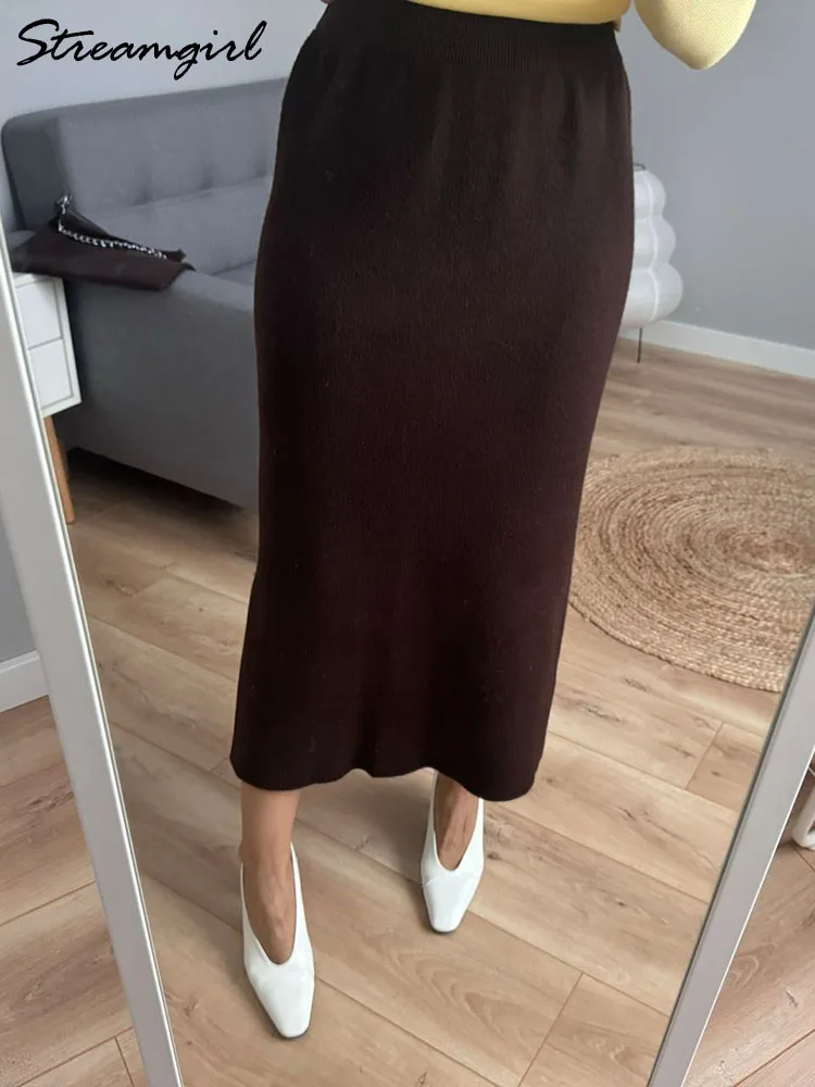 Straight Warm Skirts For Women Korean Style Spring Winter Elegant Knitted Maxi Skirt Thick Wine Red Long Skirts With Slit Women