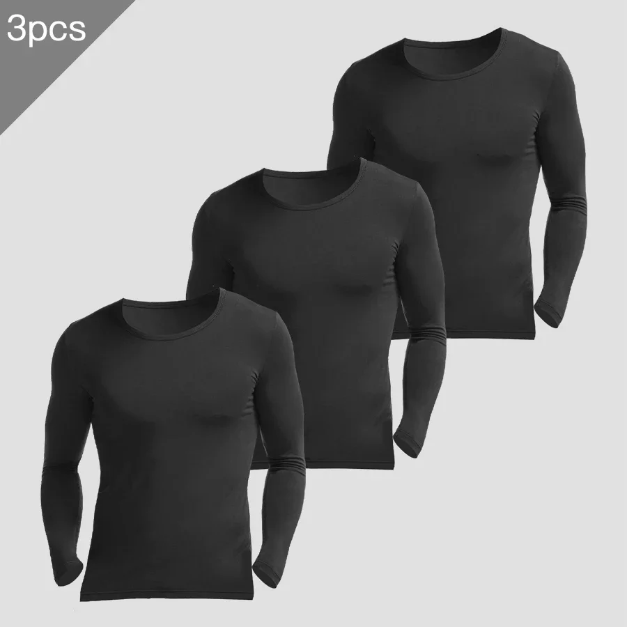 

3PCS Men's Modal fall and winter slim style lightweight warm top, fitted long sleeves base shirt, round neck basic underwear