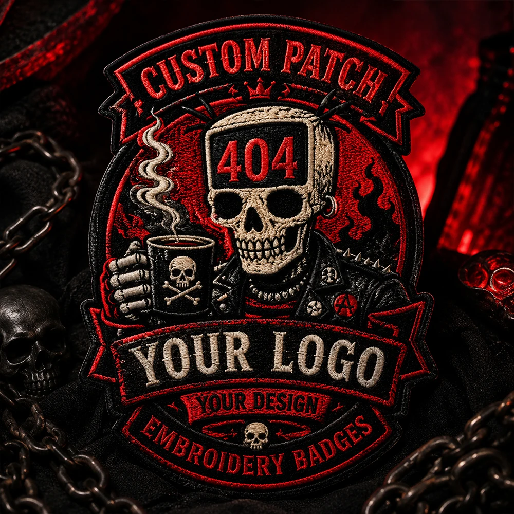 Custom Logo Punk Skull Embroidery Patch 404 Error Coffee Design Personalized Badge for Biker Jacket Backpack Hook & Loop Backing