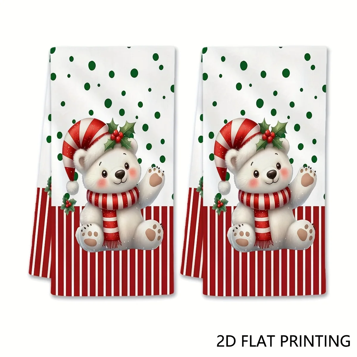 2 Christmas hand towels, Christmas polar bear candy cane pattern