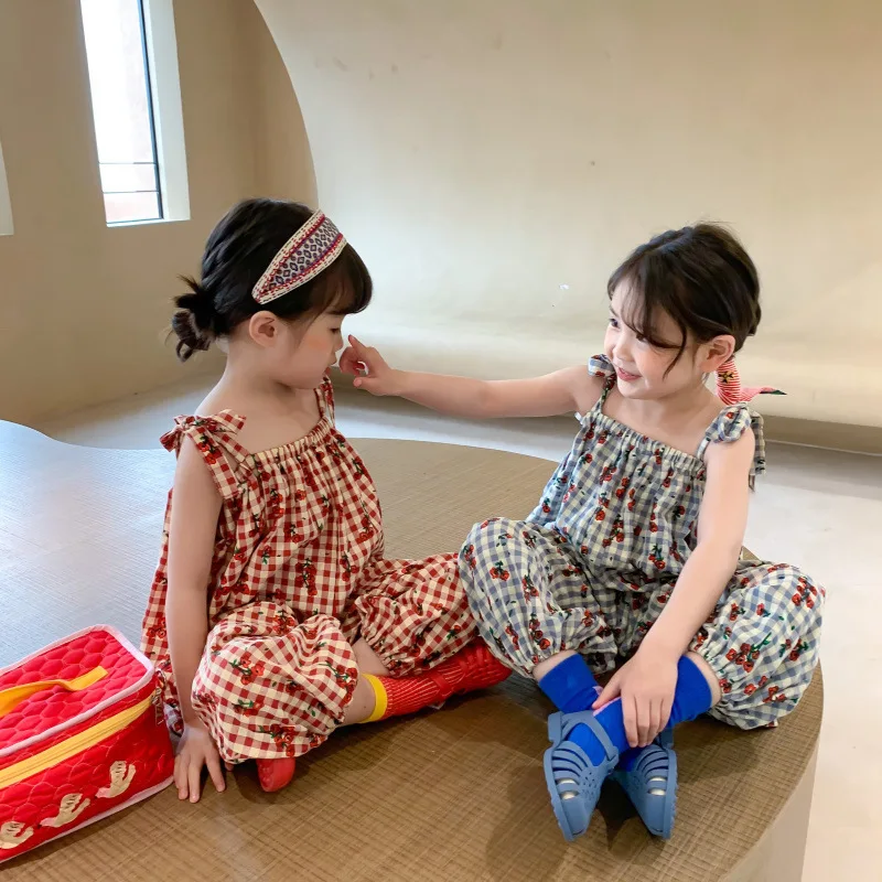 Summer Casual Baby Girls Loose Floral Plaid Sleeveless Strapped Bodysuits Kids Lovely Slip Jumpsuits Children Outfits 2-8 Years