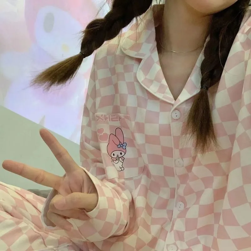 Модные весенне-осенние пижамы для девочек Ins Стиль аниме мультфильм милая моя мелодия шахматная доска с длинными рукавами длинные штаны комплект домашней одежды