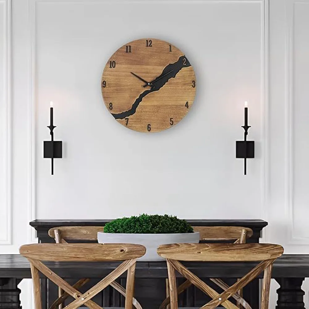 12Inch Diameter Wooden Wall Clock Cracked Wood Texture Non-Ticking Mechanism Large Wall Clock Simple Design Round Shape