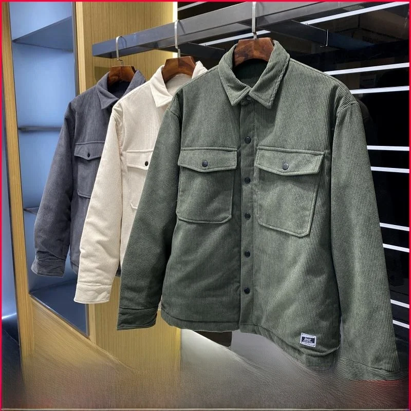 

Thiened Cotton Work Jaet Men's Autumn Winter Retro Corduroy Warm Versatile Long Sve Coat Stand Fit Youth Trend