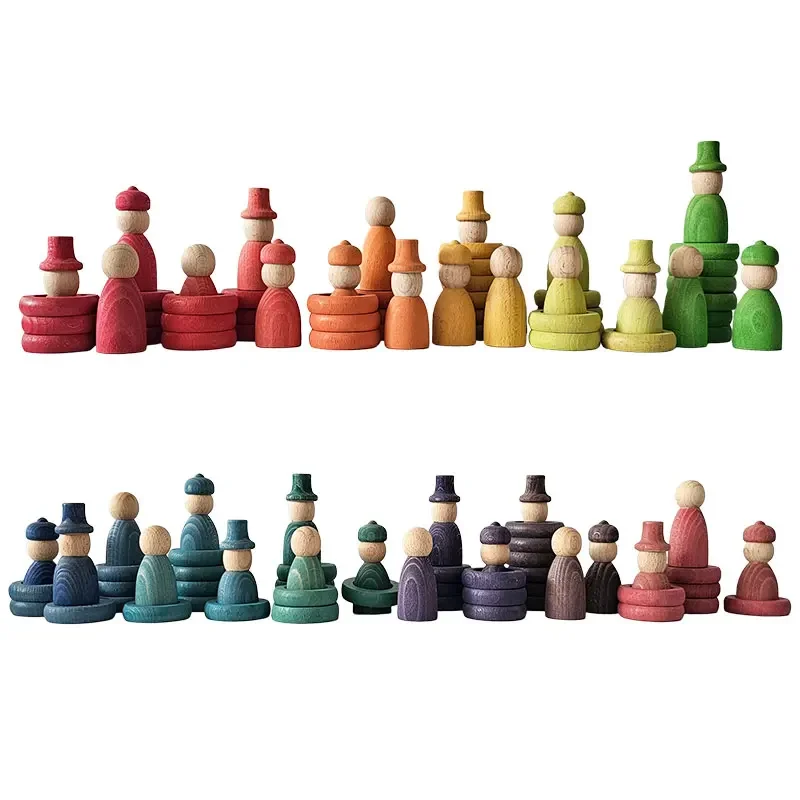 Rainbow Pastel Peg Dolls Rings Coins Color Sorting Open Ended Play Toys Wooden Stacking Montessori Educational Toys for Children